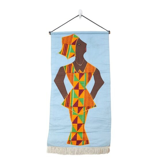 African Wall Fabric Art Scroll Tapestry Woman Ghana Africa Kente Dress Yellow - Picture 2 of 10